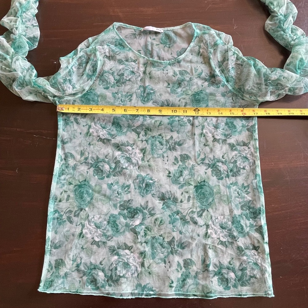 Zara Green Floral Rose Mesh Sheer Ruched Sleeve Top Womens Medium M - Picture 4 of 5
